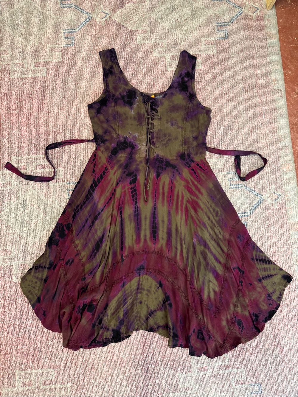 Sakkas tie dye lace up peasant style fit & flare asymmetrical hem tank dress med